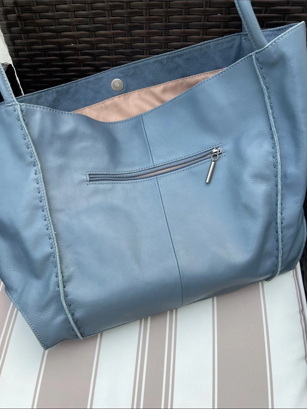The Sak Two-Tone Blue Leather Tote with Tan Strap